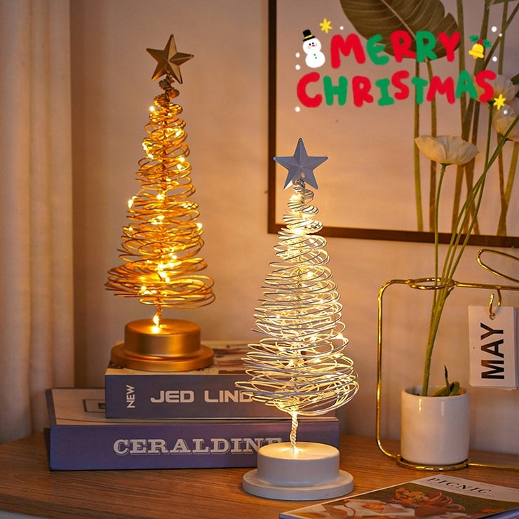 LED Christmas Tree Spiral Light Table Ornament Wrought Iron Xmas Tree  Christmas Atmosphere Night Light Decor